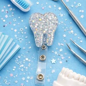 Glittery Silver Tooth-Shaped Badge Holder